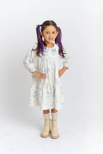 Cigit Baby Collar Embroidered Poplin Dress 2-7 Years Ecru Patterned