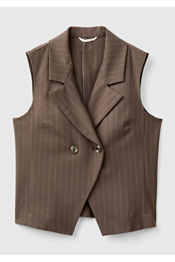 United Colors of Benetton Women's Tan Viscous Blended Buttoned Striped Pointed Neck Double Breasted Vest