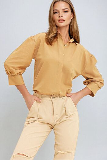 VAGGON Women's Camel Balloon Sleeve Hidden Placket Woven Shirt Prm0722