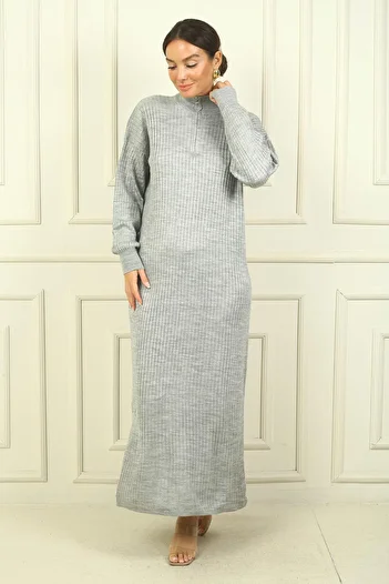 By Saygı Round Neck Collar Zipper Long Sleeve Knitwear Dress