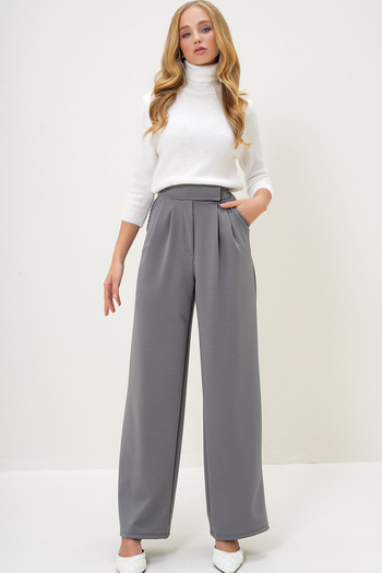 Trend Alaçatı Stili Women's Gray Palazzo Pants with High Waist and Double Pockets - Alc-X10753