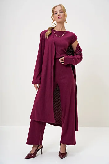 Trend Alaçatı Stili Claret Red Shoulder Padded Women's Set - Crew Neck Blouse, Trousers and Cardigan Alc-X4710-Rv