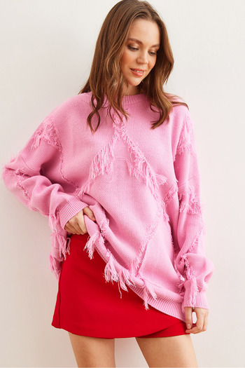 Olalook Women's Pink Tassel Detailed Oversize Knitwear Sweater Kzk- 19000884