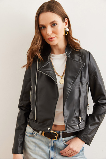 Olalook Black Faux Leather Crop Jacket - Zip and Pocket, Ckt- 19000405