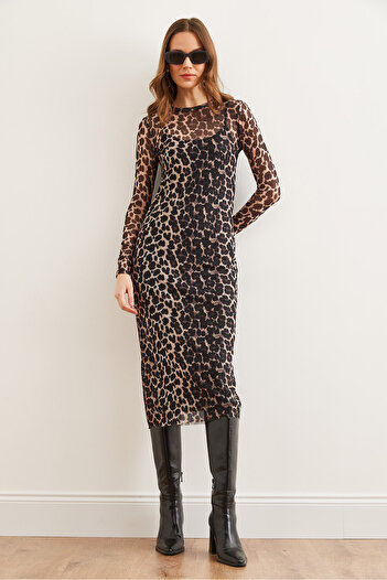 Olalook Women's Stone Lined Leopard Midi Tulle Dress Elb- 19002293