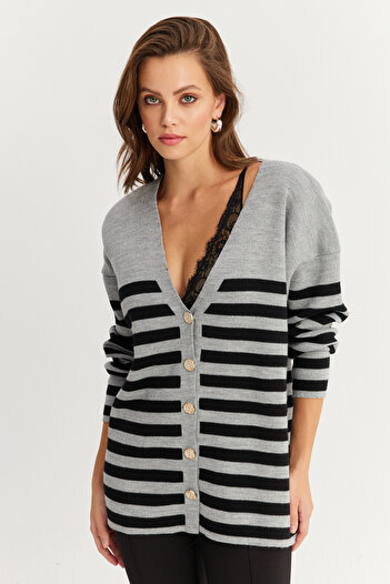 Cool & Sexy Grey-Black Striped Women's Knitwear Cardigan - Cng3