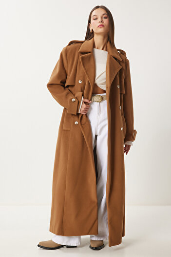Happiness İstanbul Premium Camel Color Oversize Women's Stamp Coat - Fn03441