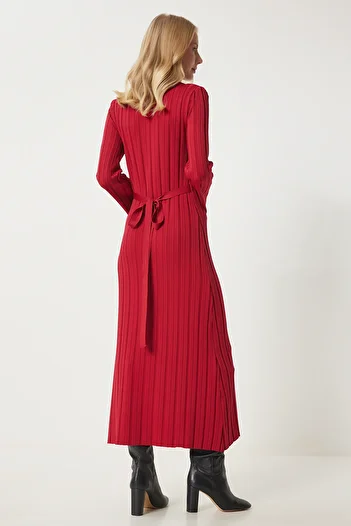 Happiness İstanbul Women's Red Belted Ribbed Long Knitwear Dress Ki̇00108