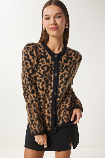 Happiness İstanbul Dámské černé hnědé leopardí vzorované krátké vousy pletené Cardigan Us00935