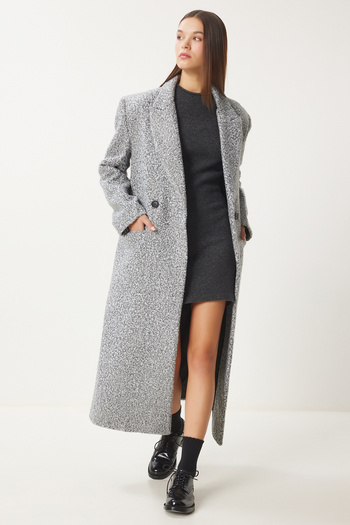 Happiness İstanbul Γκρι Premium Oversize Γυναικείο παλτό Boucle - FN03422