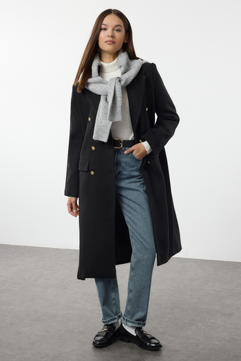 Trendyol Collection Belted Black Fitted Coat - Twoaw24Kb00022