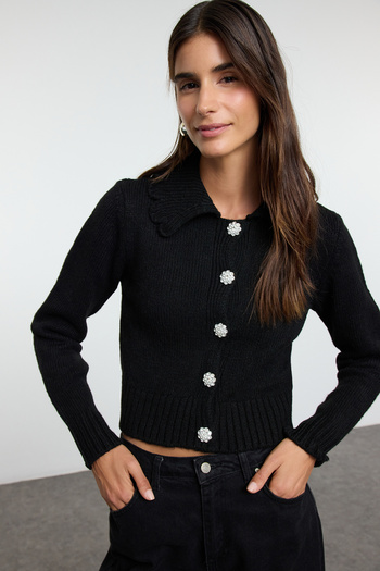 Trendyol Collection Black Crop Soft Textured Jewel Buttoned Knitwear Cardigan Twoaw25Hi00098