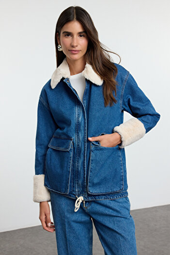 Trendyol Collection Plush Denim Blue Jacket - with Fur Inside, Twoaw25Ce00074