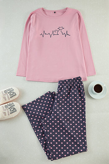 Trendyol Curve Multi-Colored Polka Dot and Cat Pattern Knitted Pajamas Set Tbbaw25Ai00086