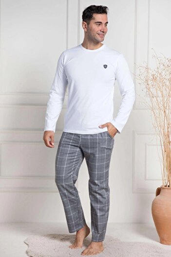 Mecit Pijama Men's Long Sleeve Plaid Oversize Cotton Pajamas Set