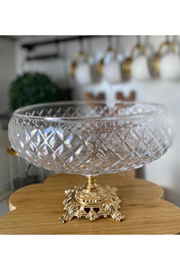 atabey home collection Lotus Crystal 24 cm - Gold Foot Salad Bowl with Square Cutting Decor