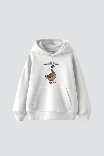 Sekizbiraltı Unisex Premium White Hoodie - Ducking Relentless Printed, Oversize