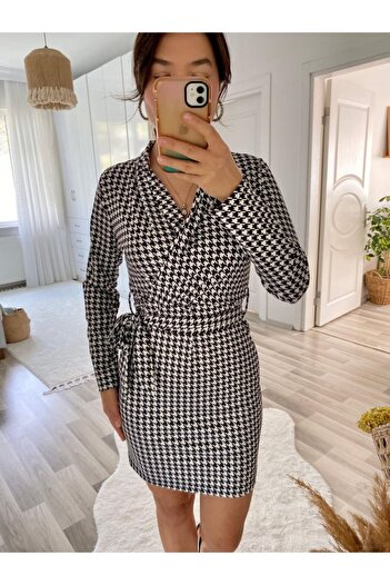 Gökyüzü Moda    Women's Long Sleeve Double Breasted Collar Tie Belt Diver Mini Size Dress