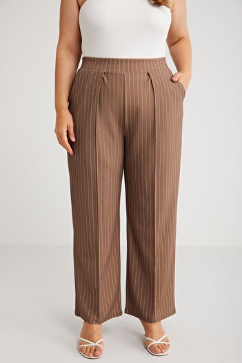 ETHIQUET HANNELEBB Women's Knitted Striped White Mink - Ribbed and Pleat Detailed, Elastic Waist Large Size Trousers