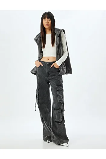 Koton Hooded Faux Fur Vest - Snap Button and Pocket Detail