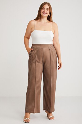 ETHIQUET HANNELEBB Women's Knitted Striped White Mink - Ribbed and Pleat Detailed, Elastic Waist Large Size Trousers