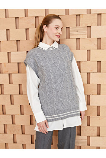 LC Waikiki Übergroßer Strickpullover mit Rundhalsausschnitt und selbstgemustertem Muster für Damen