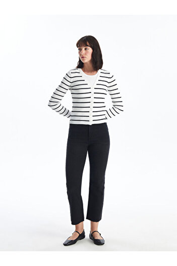 LC Waikiki Black V-Neck Striped Long Sleeve Women's Knitwear Cardigan