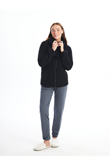 LC Waikiki Black Stand Collar Plush Women's Pajama Top