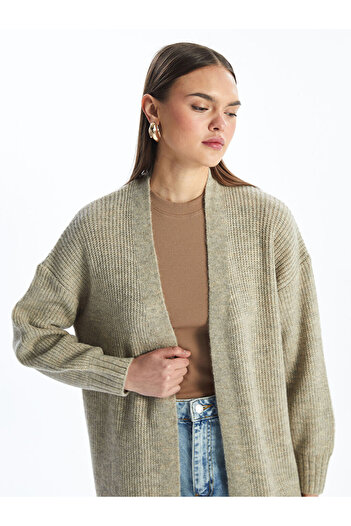 LC Waikiki Beige Shawl Collar Plain Long Sleeve Oversize Women's Knitwear Cardigan