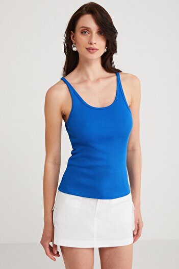 ETHIQUET Lızeth Women's Slim Fit Slim Fit Hollow Collar Thin Strap Basic Blue Undershirt