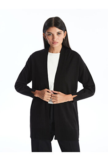 LC Waikiki Black Shawl Collar Plain Long Sleeve Women's Knitwear Cardigan