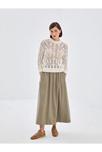 LC Waikiki Lcw Vision Ecru - Stand Collar and Openwork Long Sleeve Women's Knitwear Sweater