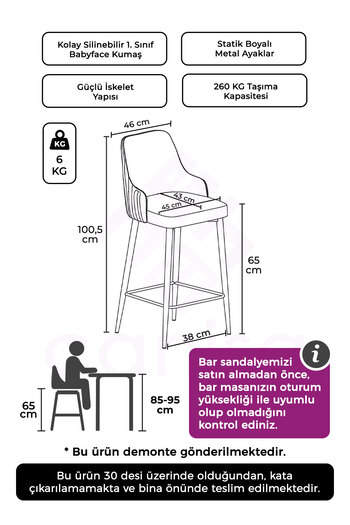 Canisa Tera Serisi 1 Adet 65 Cm Antrasit Ada Mutfak Bar Sandalyesi Babyface Kumaş Siyah Metal Ayaklı