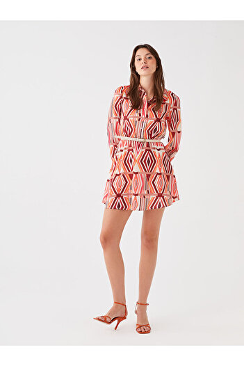 LC Waikiki LCW Vision Damen-Hemdkleid aus Satin mit rotem Muster und langen Ärmeln