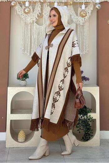 TRENDTESETTÜR Women Beige (Stone) Ethnic Patterned Knitting Panchoes t 22021