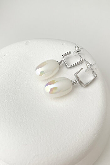 Modex White Oval Earrings - Mother of Pearl Dangle, Size 4cm