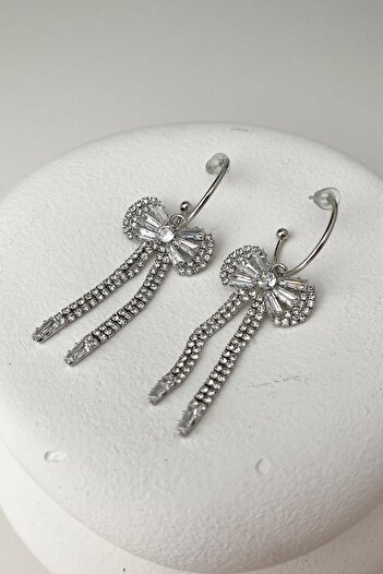 Modex Silver Color Zircon Stone Bow Dangle Earrings