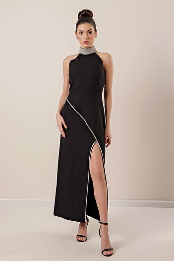 By Saygı Stone Detailed Long Dress with Slit on the Front