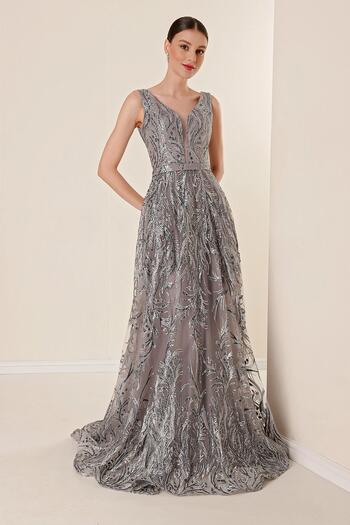 By Saygı Thick Straps Lined Silvery Flock Printed Long Dress