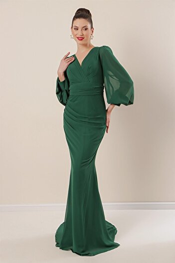 By Saygı Zweireihiges, langes Chiffonkleid mit Kordelzug vorne