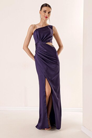 By Saygı One Shoulder Waist Low-cut Chain Satin Evening Dress