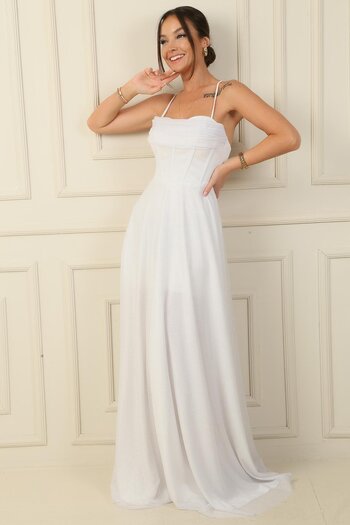 By Saygı Long Tulle Glittered Rope Strap Draped Evening Dress