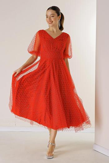By Saygı Front Back V Neck Short Balloon Sleeve Square Spotted Glitter Dalya Fabric Lined Dress