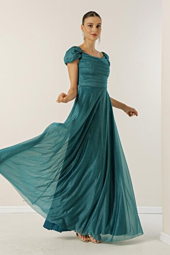 By Saygı Madonna Neck Low Sleeve Front Draped Lined Long Silvery Dress