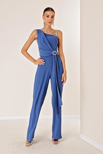 By Saygı One Side Stone Double Rope Strap Draped Waist Buckle Detailed Palazzo Crepe Jumpsuit