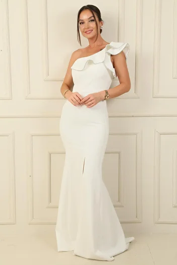 By Saygı One Shoulder Strappy and Jewelled Detail Slit Long Crepe Evening Dress