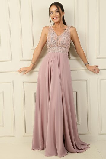 By Saygı V-Neck Beaded Flower Motif Long Chiffon Evening Dress - Lined
