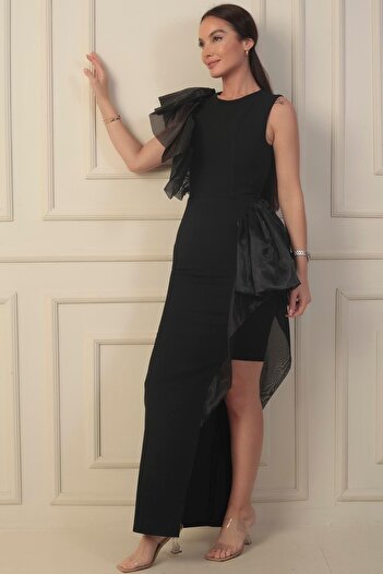 By Saygı One Side Organza Short Lined Long Dress with Shoulder and Waist Detail