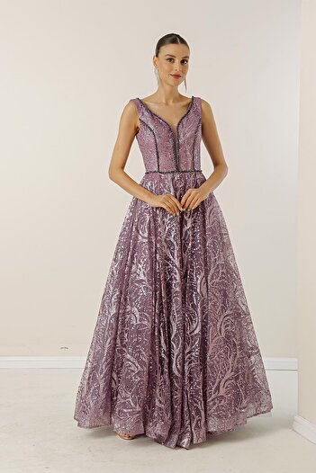 By Saygı Front Back V-Neck Beaded Detailed Lined Back Lace Sequined Glittery Long Dress