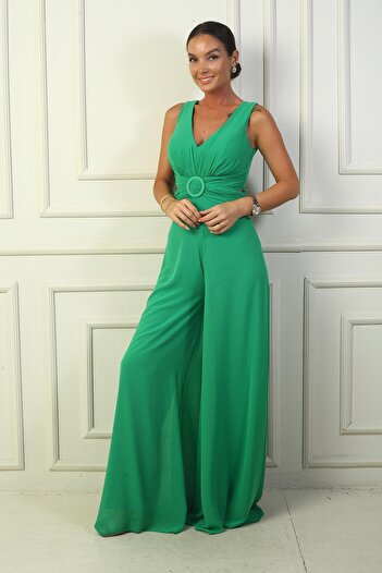 By Saygı V-Neck Lined Chiffon Jumpsuit - Low Waist